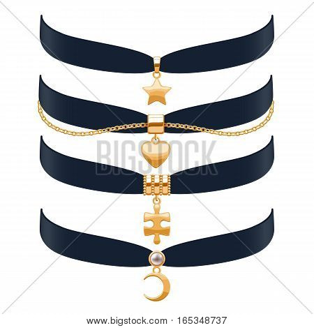 Beautiful choker necklaces set vector illustration. Jewelry with gold pendants and chain. Vector illustration. Good for beauty fashion jewel shop design.
