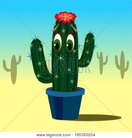A vector cartoon cactus with eyes in flower pot with cactus silhouettes in the background