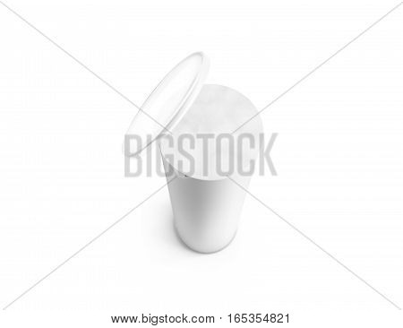 Blank white carton cylinder box mockup top view depth of field effect 3d rendering. Cylindrical tube container with opened plastic lid mock up. Chips and crisp cardboard packaging cap template.