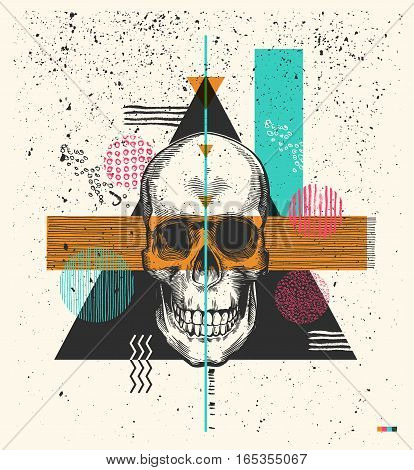 Human skull drawn in woodcut retro style and triangles, rectangles and circles of different colors and textures on background. Modern vector illustration in 1990s style for flyer, print, postcard.