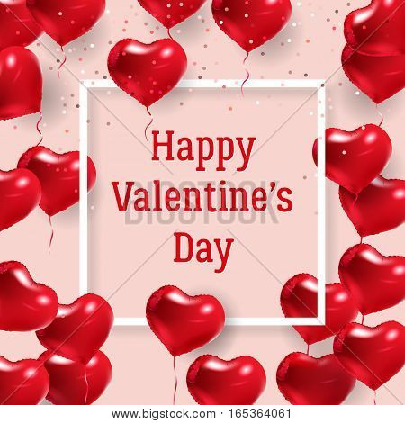 Pink background with red hearts. Border with text and balloons. Wedding elements. Valentine SMM template