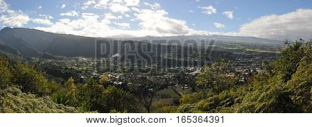 Wide View of Cafres Plain of Reunion Island with blue sky and clouds
