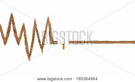 No smoking. ECG waves tobacco isolated on white background