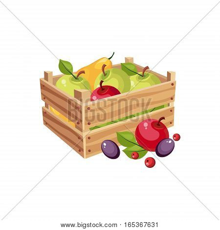 Wodden Crate Full Of Garden Fruits, Farm And Farming Related Illustration In Bright Cartoon Style. Organic And Natural Product Symbol Colorful Vector Illustration.