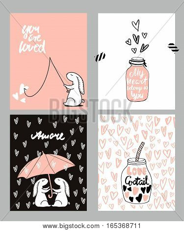 Romantic cards set. Four Valentine's day cards with cute Rabbit and hearts. Vector Illustration