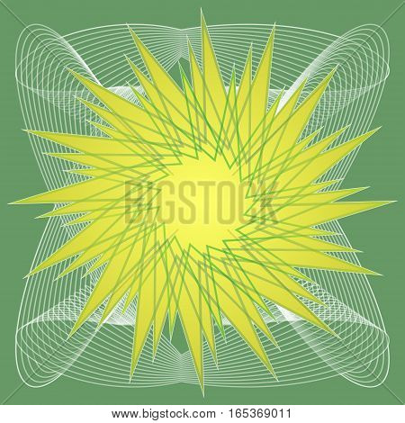 Abstract background with light green star shape on white curves on green area