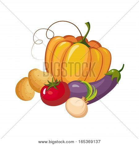 Still Life With Fresh Vegetable Crops Collection, Farm And Farming Related Illustration In Bright Cartoon Style. Organic And Natural Product Symbol Colorful Vector Illustration.