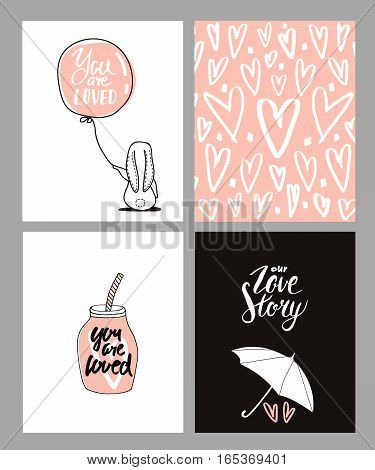Romantic cards set. Four Valentine's day cards with cute Rabbit and hearts. Vector Illustration