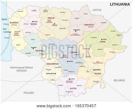 Administrative and political vector map of the Baltic republic of Lithuania