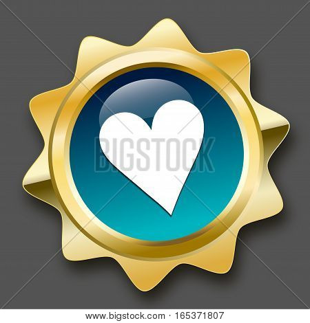 made with love seal or icon with heart symbol. Glossy golden seal or button with turquoise color.