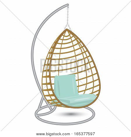 wicker hanging chair swing hanging on the chain on the metal rack with blue pillows