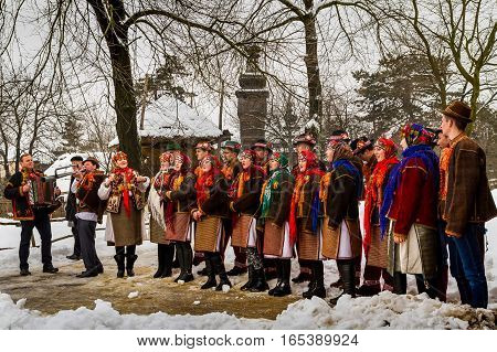 Uzhgorod Ukraine - January 15 2017: Female folklore collective performs during the seventh ethnic festival Christmas Carols in the old village. During the festival visitors can familiarize with a variety of Christmas customs caroling and celebrations edge