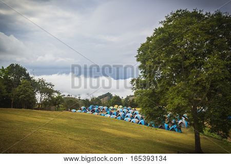 Outdoor activity tents camping among the mountain at Doi Samer Dao Thailand.