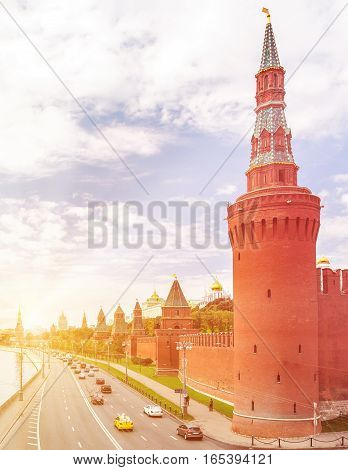 Kremlyovskaya embankment in Moscow with Beklemishevskaya Tower on the foreground