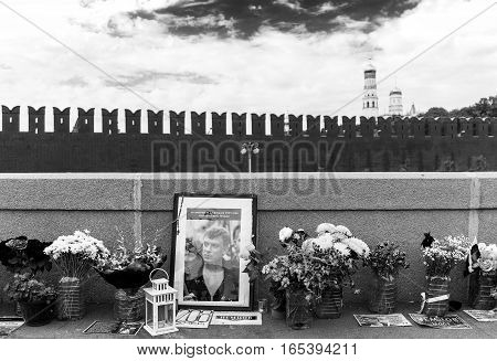 MOSCOW - SEPTEMBER 22 2015: Memorial to Boris Nemtsov on Bolshoy Moskvoretsky Bridge. Politician was assassinated here on February 27 2015