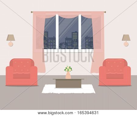 Living room with furniture on the window background. There are two armchairs in coral color and other objects in the picture. Vector flat illustration