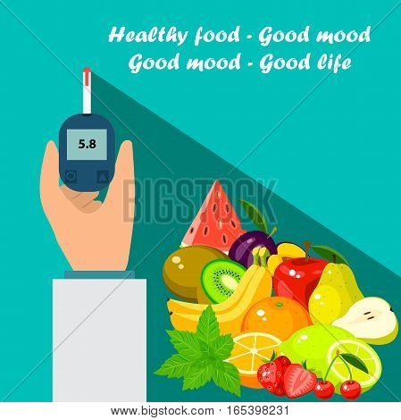 Very high quality original trendy vector flat illustration Blood test or glaucometer, glucose meter with healty food