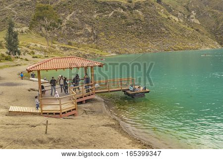 QUILOTOA, ECUADOR, FEBRAURY - 2016 - Aerial view of people at shore of Quilotoa lake Latacunga Ecuador