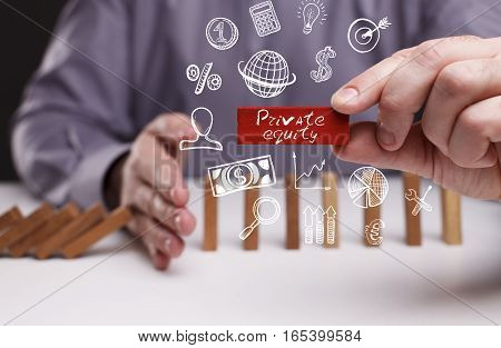 Business, Technology, Internet And Network Concept. Young Businessman Shows The Word: Private Equity