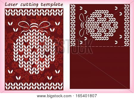 Laser cutting template with christmas tree bauble made of traditional knitted texture. For greeting cards, invitations. Card size 148 mm x 105 mm. Vector illustration.