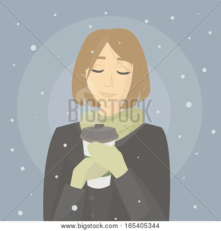 vector illustration of a girl with a coffee in the winter evening