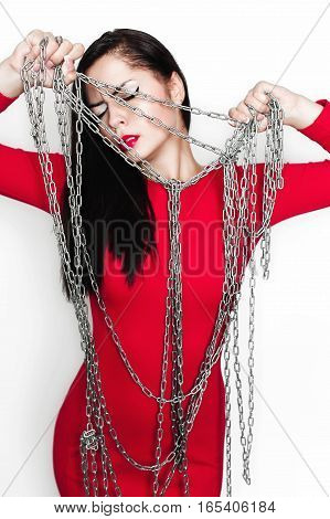 Portrait of young brunnete woman isolated on white