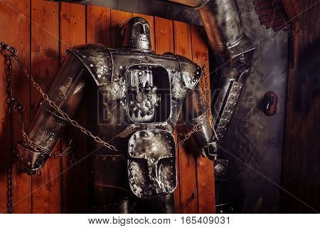 Huge Retro Robot Chained In The Laboratory.