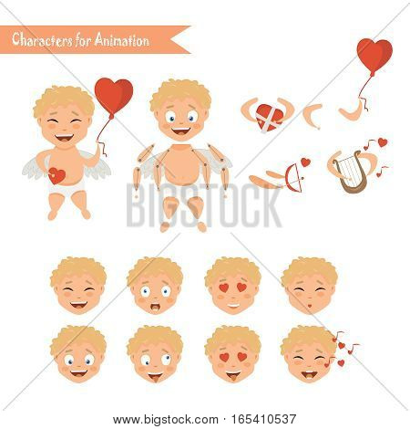 Cupid angels icons set little boy with a bow and arrows. Cupid character animation. Set for Valentine's day