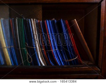Bucharest Romania April 2 2016: Folders used as decoration are displayed in a vintage pub with communist thematic in Bucharest.