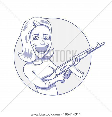 Happy woman with assault rifle hand drawn illustration