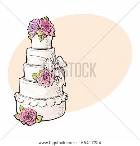 Traditional white tiered wedding cake decorated with pink marzipan roses, sketch style illustration on background with place for text. Layered wedding cake with five tiers, white icing and pink roses