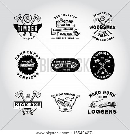 SET OF BADGE LUMBER, WOODWORKING, TOOL. Handmade axe, plane, tree, stump, hacksaw retro style. Design fashion apparel texture print. T shirt graphic vintage grunge  illustration badge label logo template.