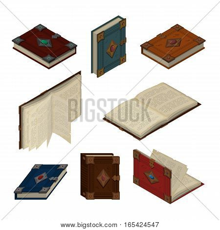 Set of old books or tutorials. Isometric flat vector.
