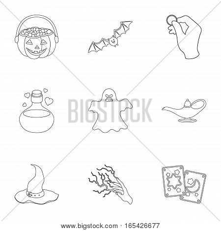 Black and white magic set icons in outline style. Big collection of black and white magic vector symbol stock