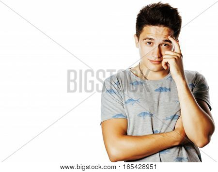 young attractive real man isolated thinking emotional on white close up gesturing smiling