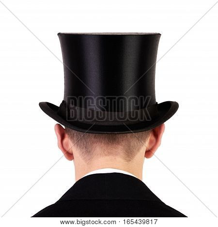 Men with black top hat back view isolated on white background