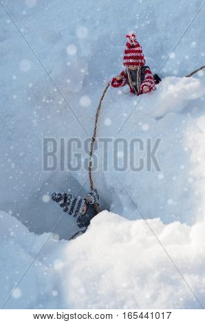 Little wooden doll pulls out of the abyss fallen doll staged scene rescue when falling into a snow break
