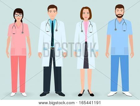Hospital staff concept. Group of man and woman doctors nurse medical orderly. Flat style vector illustration.