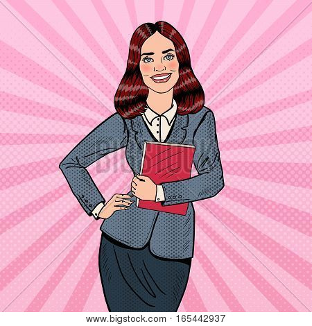 Pop Art Successful Smiling Business Woman Holding Folder. Vector illustration