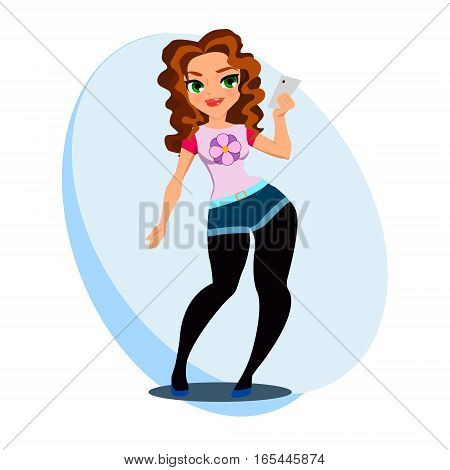 Attractive Girl is Doing Selfie with Smart Phone.