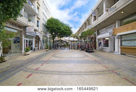 LEDRAS NICOSIA CYPRUS, NOVEMBER 28 2015: sidewalk with shops at Ledras street Nicosia Cyprus. Editorial use.