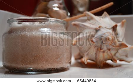 sugar scrub with bamboo spoon shell bathroom