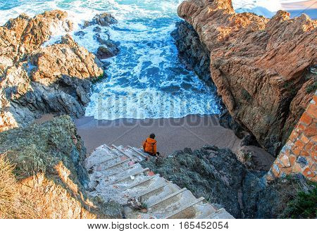 Spain. Catalonia. Costa Brava. Beach Sa Riera. Beautiful views of the Mediterranean coast. Tourist places. The picturesque promenade along the sea.