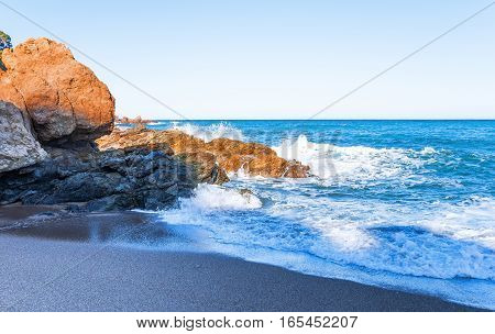 Spain. Catalonia. Costa Brava. Beach Sa Riera. Beautiful views of the Mediterranean coast. Tourist places. The picturesque promenade along the sea.