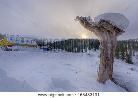 winter landscape in Siberia in Khakasia in Russia.