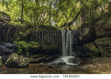 Kbal Spean Waterfall In Cambodia Mountains In January
