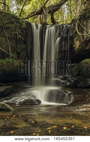 Kbal Spean Waterfall In Cambodia Mountains In January
