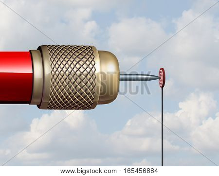 Small goal concept and restrained or limited business opportunity as a huge dart hitting a very small target as a 3D illustration.