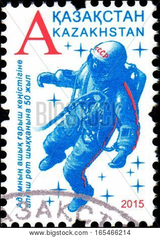 KAZAKHSTAN - CIRCA 2015: Stamp printed in Kazakhstan devoted 50th anniversary the first outing human spacewalk