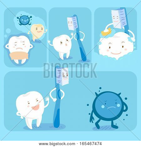 cute cartoon tooth with toothbrush and bacterial